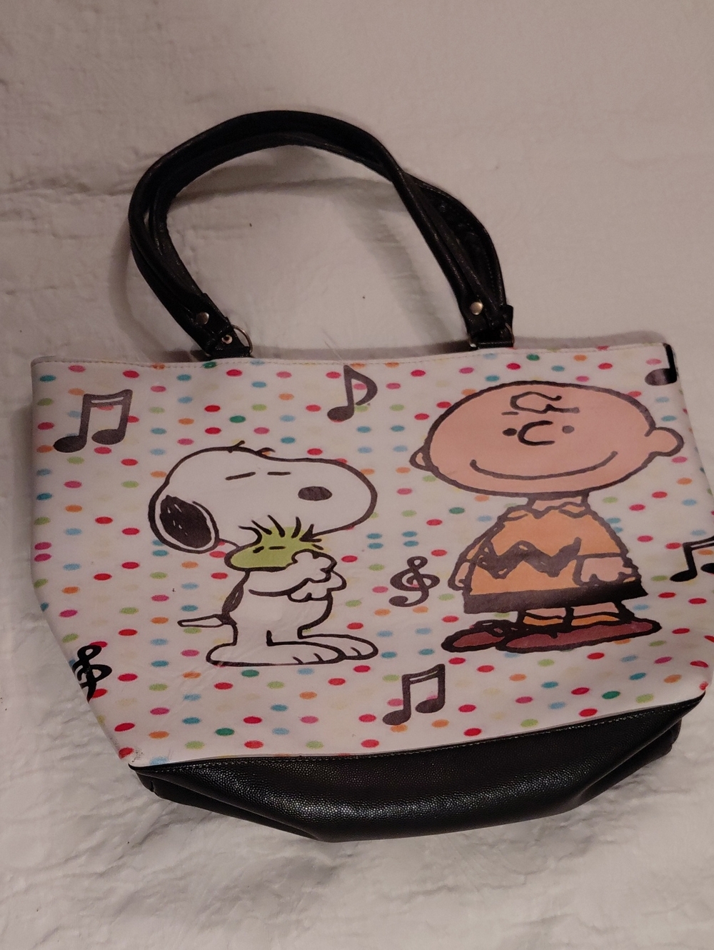 Peanuts Charlie Brown & Snoopy White Polka Dot Tote Bag